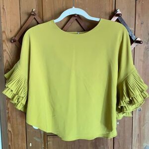 Gracia mustard yellow pleated ruffle sleeve blouse